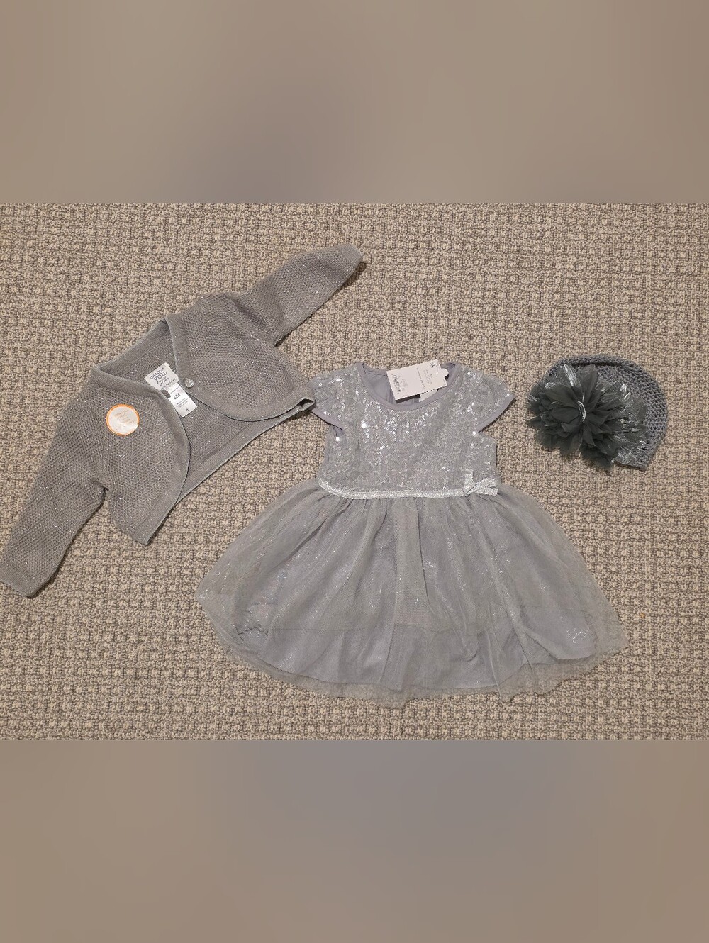 Girls Sparkle Tulle Dress with Knit Bolero and Flower Hat- Silver
